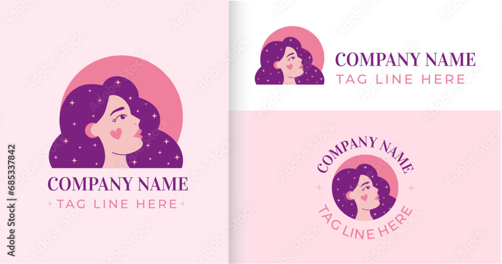 Logotipo moderno com ilustração de rosto de mulher com estrelas no cabelo 
