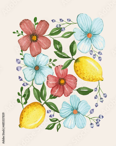 Ilustração em aquarela de composição de flores e limões 
