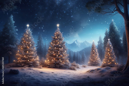 Enchanting Winter Wonderland Magical Forest with Christmas Trees and Glowing Lights, Generative Al © CraftyAI Creations