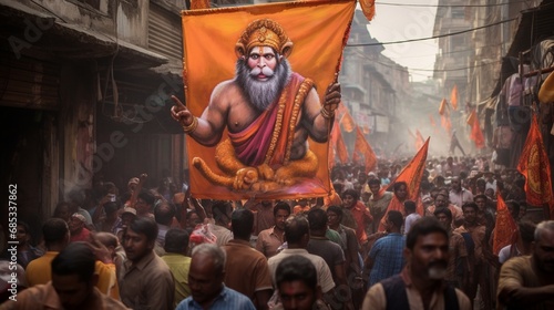 A procession of devotees carrying a colorful Hanuman banner through the streets.