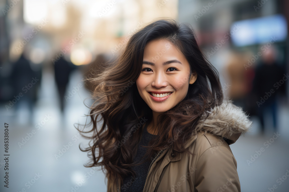 smiling asian woman, in the style of city portraits, generative ai smiling asian woman, in the style of city portraits, generative ai