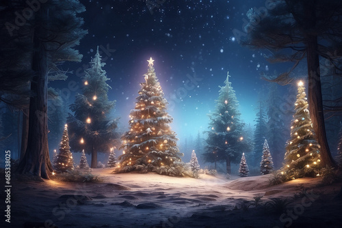 Enchanting Winter Wonderland Magical Forest with Christmas Trees and Glowing Lights, Generative Al © CraftyAI Creations