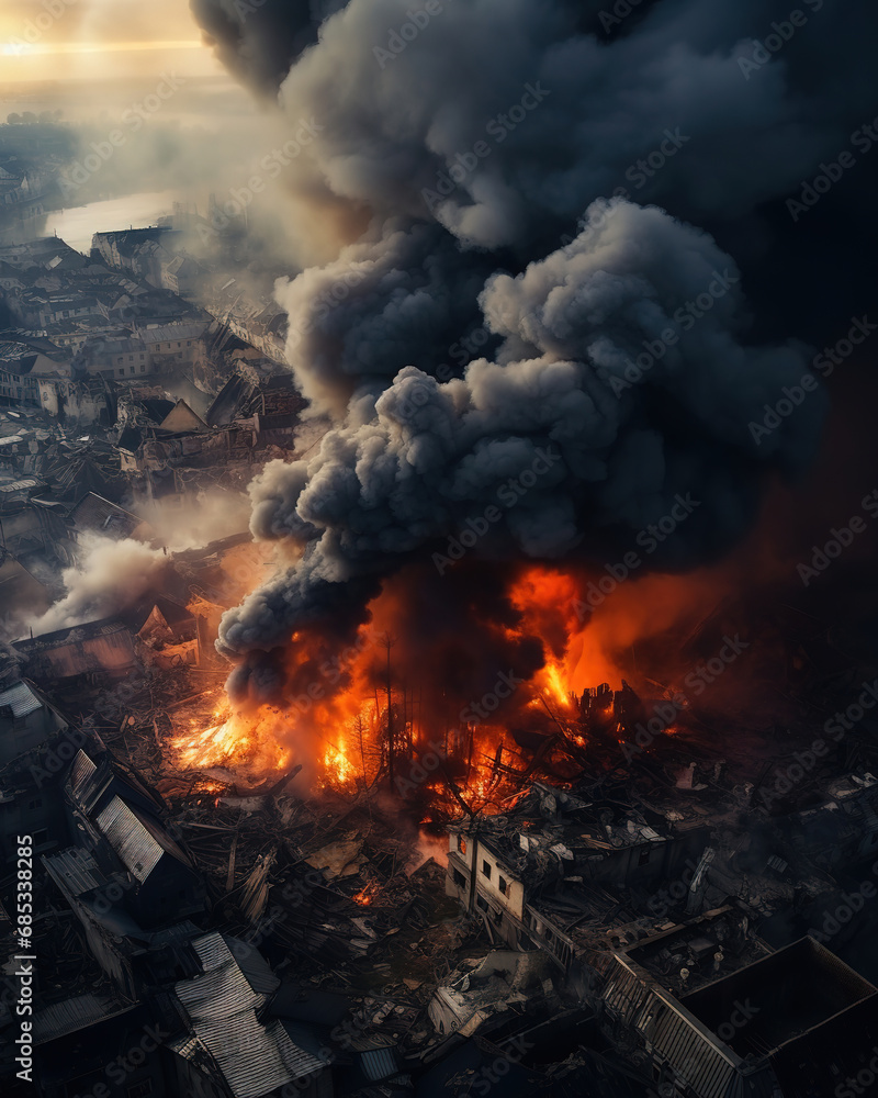 war, explosions in the city, top view. A huge column of smoke above the houses. Destroyed buildings, war, conflict, generative ai