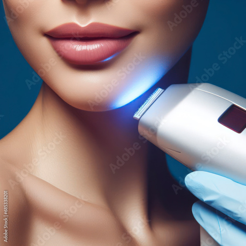 Close up Laser hair removal on solid blue background. ai generative photo
