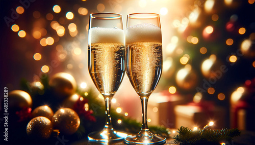 champagne glasses on christmas and new year background