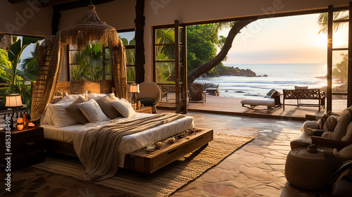 White modern hotel bedroom interior with bed, drawer with decoration and plant on hardwood floor. Relaxing space with panoramic window on tropics. 3D rendering