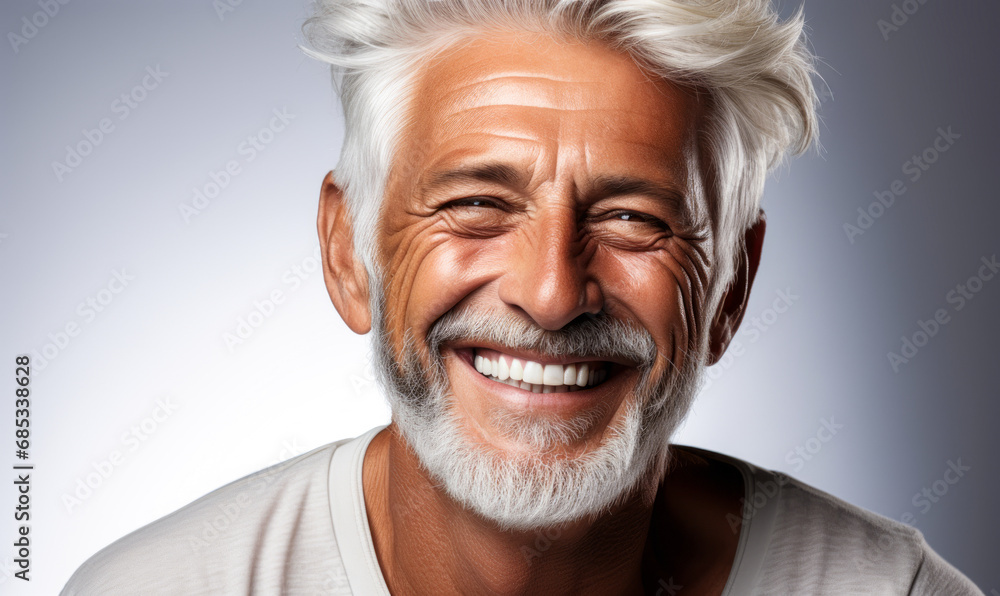 Portrait of a Happy Senior Man with a Bright Smile and Stylish Silver Hair, Radiating Confidence and Casual Elegance on a White Background Portrait of a Happy Senior Man with a Bright Smile and Stylish Silver Hair, Radiating Confidence and Casual Elegance on a White Background