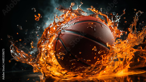 Basketball in motion, orange liquid splash commercial shot photo