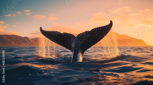 the tail of a whale sticking out of the water in the ocean during sunrise © Alin