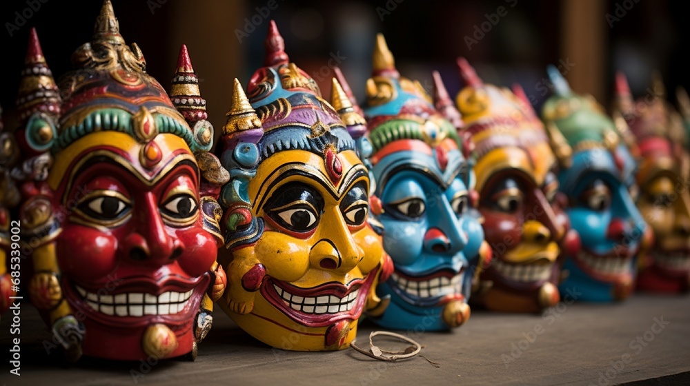 A row of colorful Hanuman masks worn by performers in a traditional play.