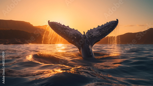 the tail of a whale sticking out of the water in the ocean during sunrise