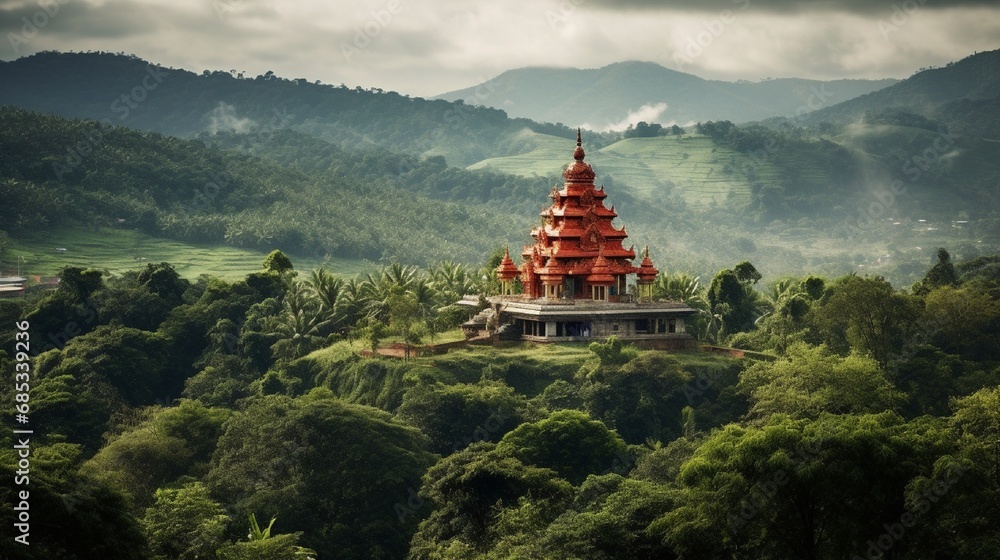 A rural Hanuman temple nestled amidst rolling green hills.