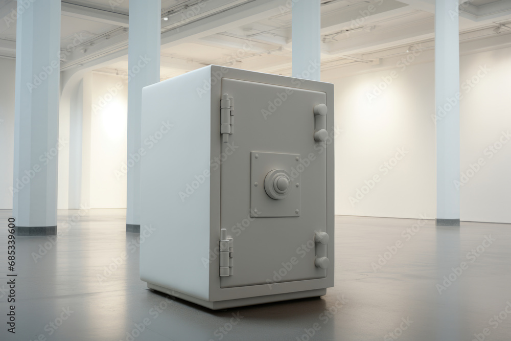 Showcase the essence of safety and assurance with an image featuring a safe strategically placed in a pure white environment, symbolizing utmost security Showcase the essence of safety and assurance with an image featuring a safe strategically placed in a pure white environment, symbolizing utmost security