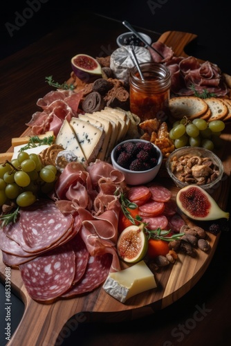 Charcuterie board adorned with an array of sliced sausages, meats, cheese, crackers, snacks, grapes, sauces, and berries. A delightful spread, symphony of flavors and textures.