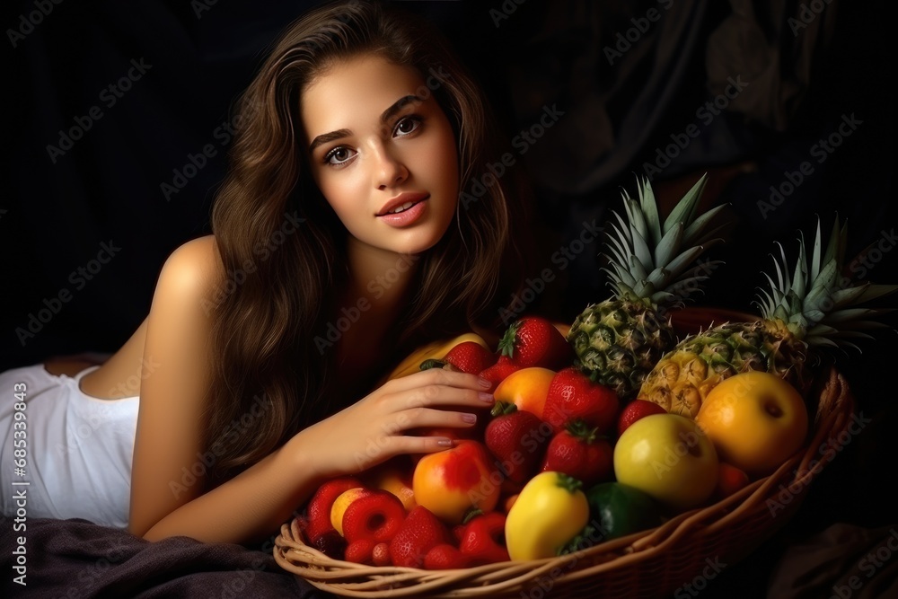 Portrait of a young beautiful girl surrounded by fruit Portrait of a young beautiful girl surrounded by fruit