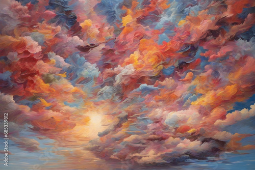 Abstract oil painting of beautiful sunset over the sea with colorful clouds, skycloud background art, painting clouds, atalntic ocean cloudysky paintings, skyscape beautiful wall art photo