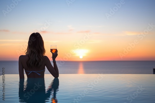 Step into a realm of lavish living with a woman enjoying the sunset in an infinity pool, cocktail in hand. This image radiates luxury, serenity, and a taste of the high life