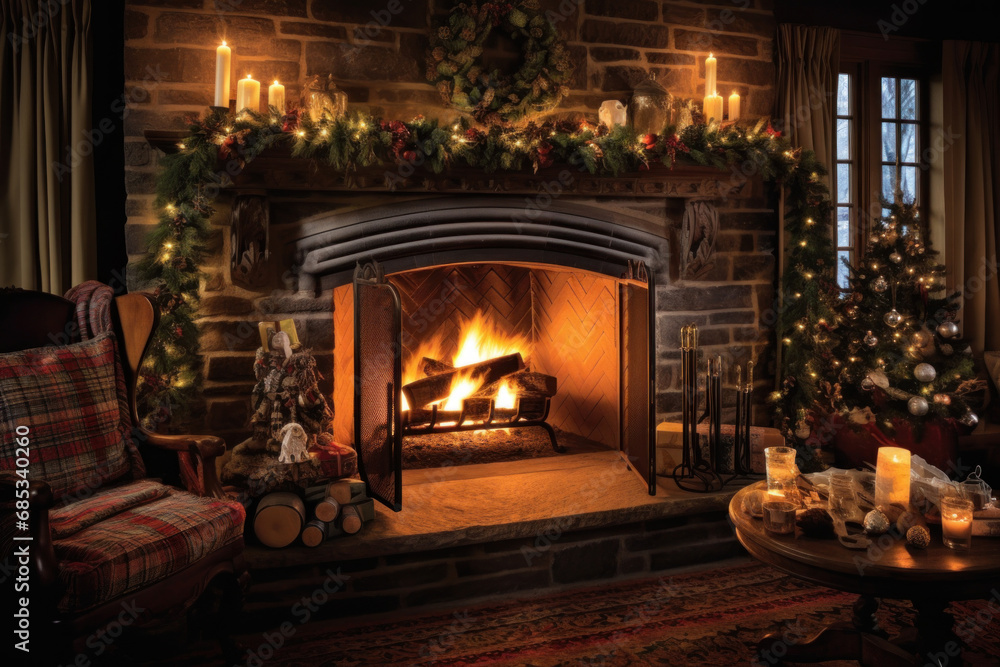 Festive decorated room with burning fireplace, Christmas tree and candles. preparation for New Year, Christmas