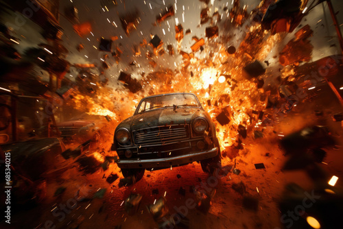 Explosive Impact: A vehicle erupts in chaos, its fragments airborne. A scene of vehicular disaster unfolds, depicting the aftermath of a destructive collision photo