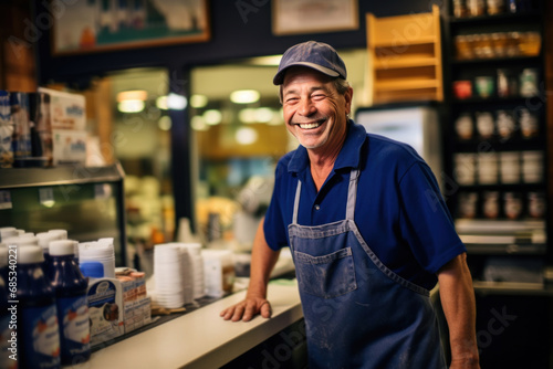 A positive man in a blue outfit grins happily inside a liquor store, exuding contentment photo