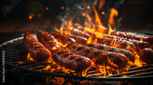 Grilled juicy sausages on a grill with fire. Shallow depth of field photo