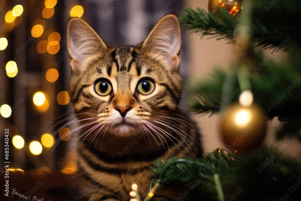 A festive New Year atmosphere envelops a cat, creating a cozy holiday vibe A festive New Year atmosphere envelops a cat, creating a cozy holiday vibe