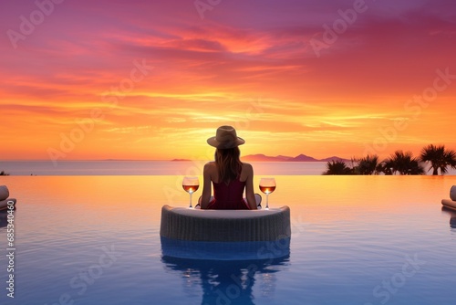 Embark on a visual journey of refined luxury as a woman immerses in the beauty of a sunset from an infinity pool, symbolizing opulence, wealth, and the epitome of a luxurious lifestyle © Martin