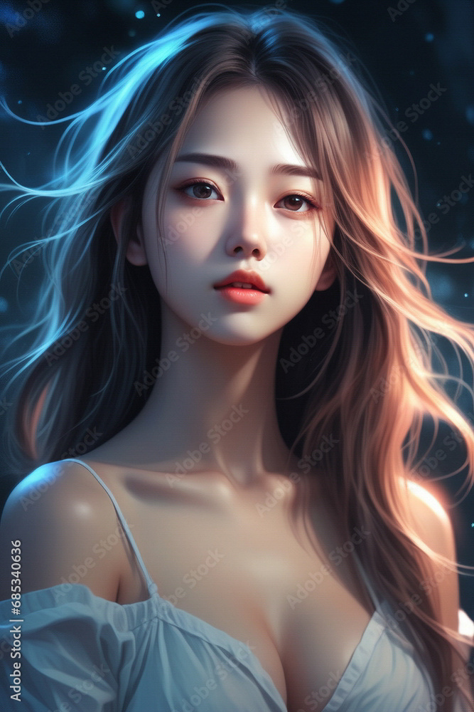 Naklejka premium A beautiful anime-style girl wears comfortable clothes and shows off hair long, beautiful, chic hair. ai generative