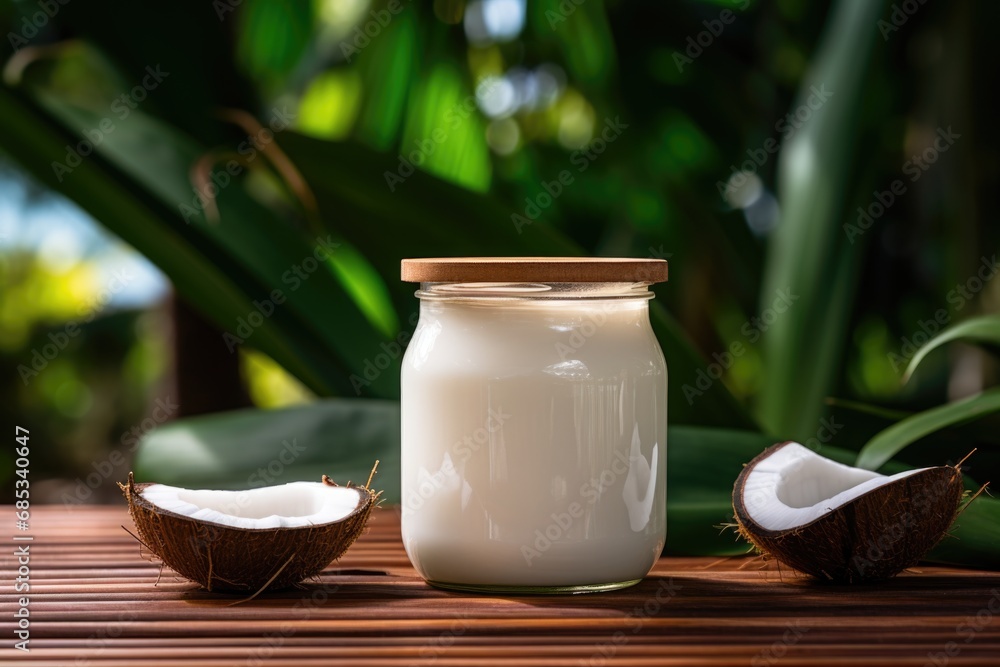 Capture the exotic essence of coconut delights with a vivid photo presenting a mockup of a jar filled with rich coconut cream, inviting you to savor the allure of tropical flavors Capture the exotic essence of coconut delights with a vivid photo presenting a mockup of a jar filled with rich coconut cream, inviting you to savor the allure of tropical flavors