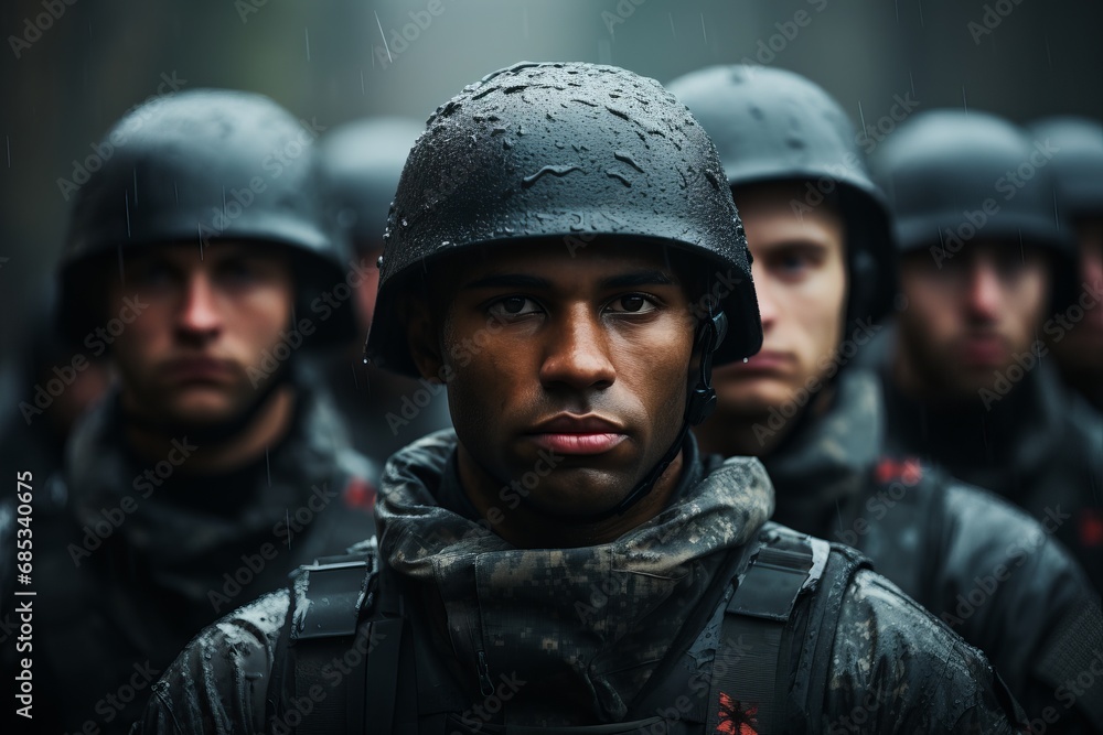 Naklejka premium A squad of soldiers walks in the rain wearing helmets