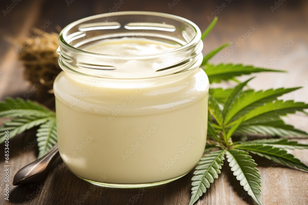 Delight in the soothing properties of hemp-derived cream with an enticing photo showcasing a jar filled with the natural goodness of CBD Delight in the soothing properties of hemp-derived cream with an enticing photo showcasing a jar filled with the natural goodness of CBD