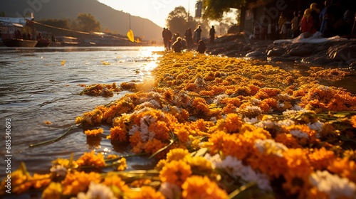 A sacred riverbank adorned with marigold garlands  where devotees immerse Ganesh idols during the annual festival.