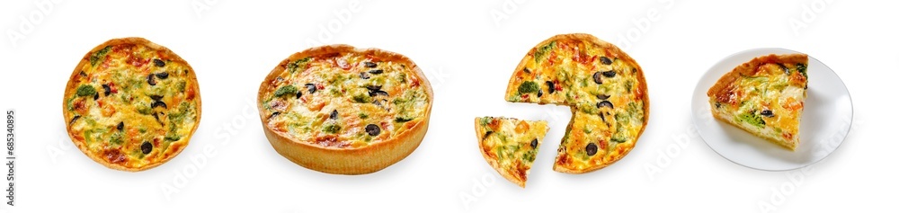 Quiche with Vegetables, Homemade Open Pie, Savory Tart on White Background Isolated