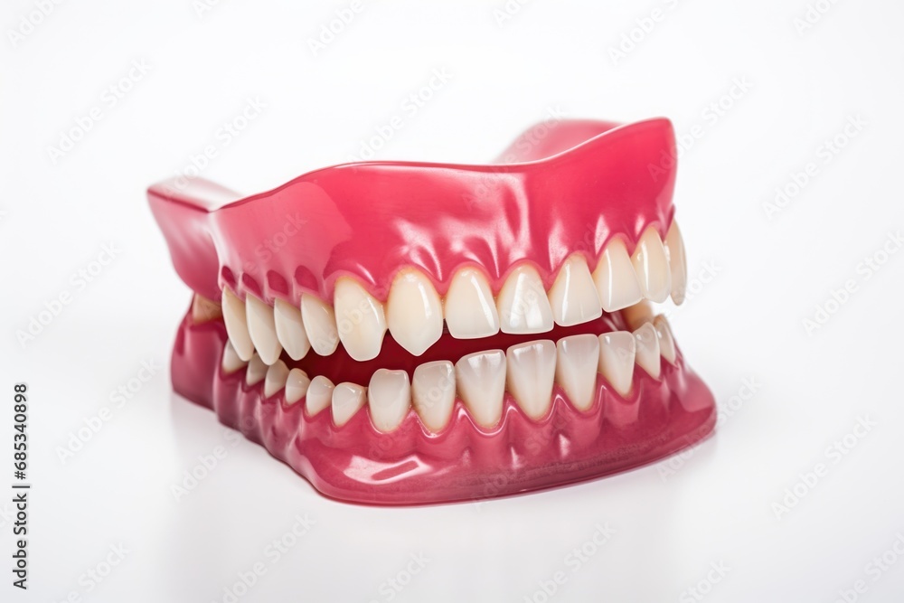 Obraz premium photo of dentures on a white background --ar 3:2 --v 5.2 Job ID: 02d38f22-81c8-4d22-a7a7-a4b2e3b31c11