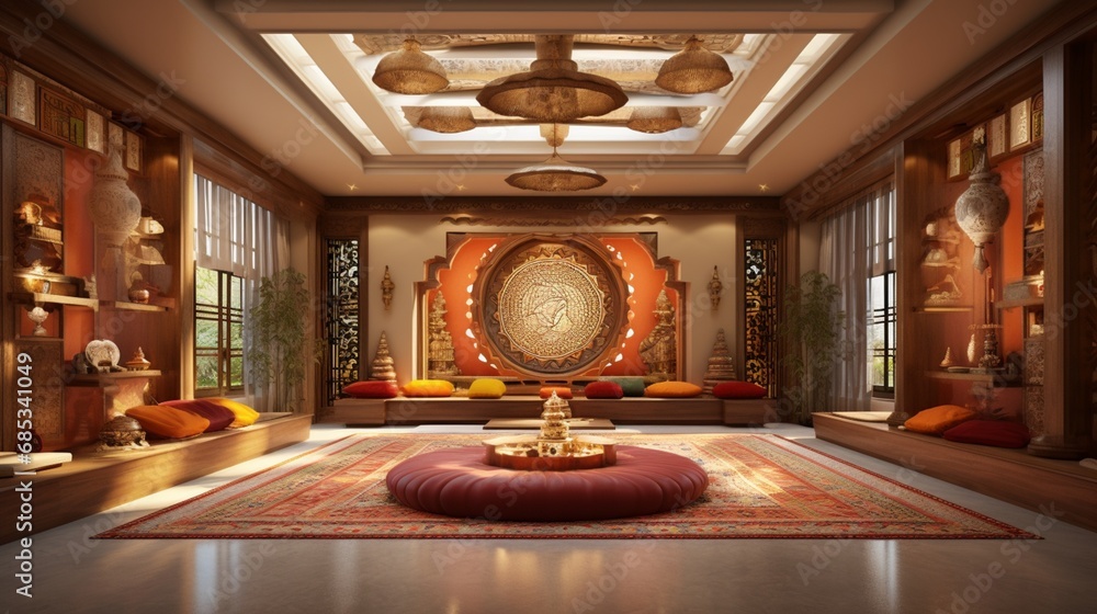 A sacred space with a stunning false ceiling in a traditional pooja room, radiating an aura of spirituality and craftsmanship. - obrazy, fototapety, plakaty 