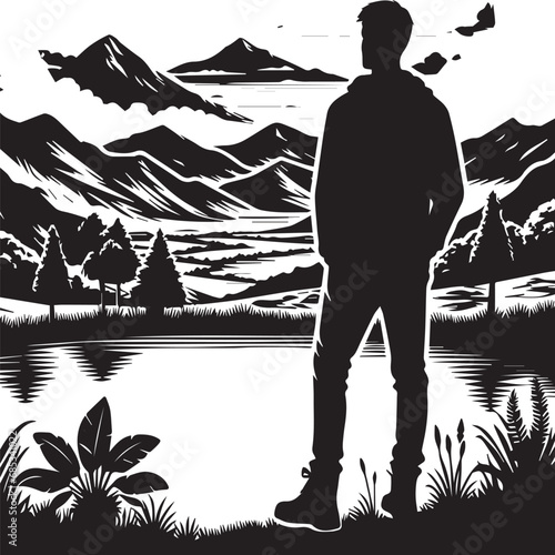 A man stands in front of a pond, and Around the pond mountain view
