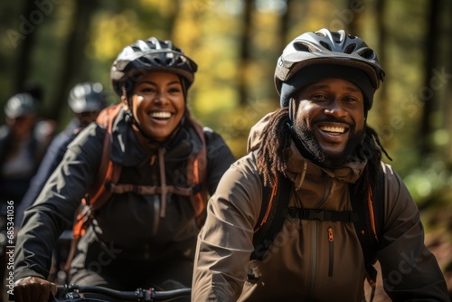 A dark-skinned man and a woman with dreadlocks ride bicycles