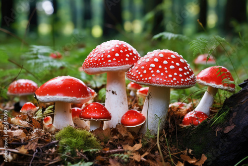 Bright, colorful fly agaric mushrooms in the forest