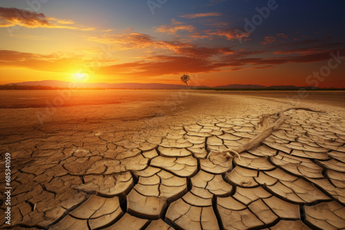 A view of parched earth cracked from the heat, with a sunset-kissed horizon