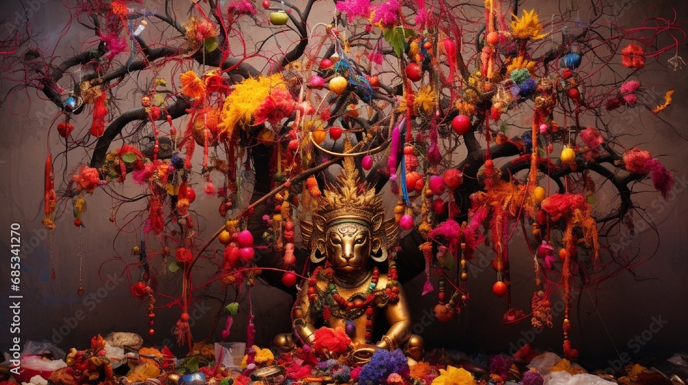 A sacred tree adorned with colorful threads and trinkets in Hanuman's honor.