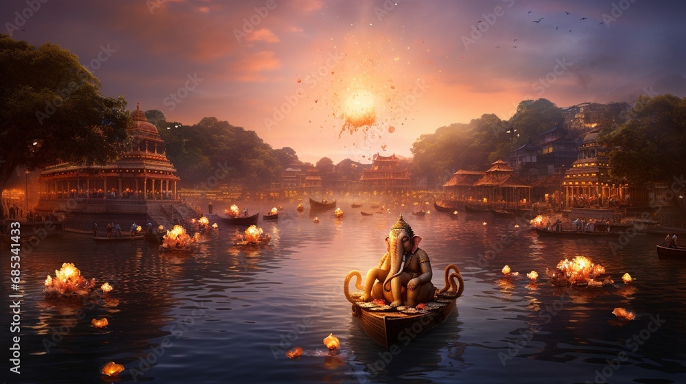 A scenic riverbank bathed in the soft glow of twilight, with a Ganesh procession making its way along the water's edge.