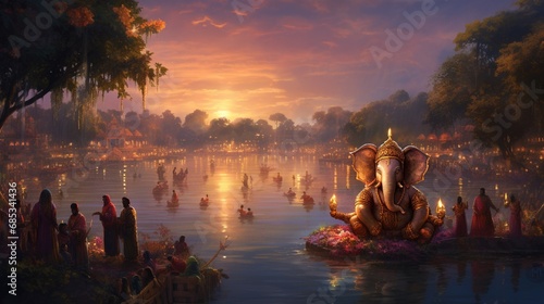 A scenic riverbank bathed in the soft glow of twilight, with a Ganesh procession making its way along the water's edge.