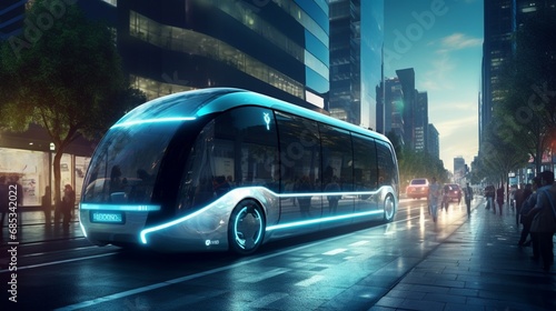 A self-driving bus transporting passengers safely and efficiently through the city. © Mustafa_Art