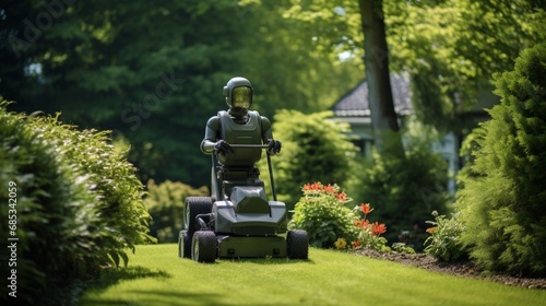 A self-guided lawnmower perfectly manicuring a lush green garden. photo