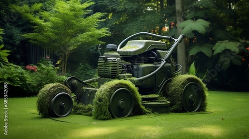 A self-guided lawnmower perfectly manicuring a lush green garden.