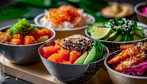 poke bowl with salmon, avocado and colorful vegetables and fruits, close up shot photo