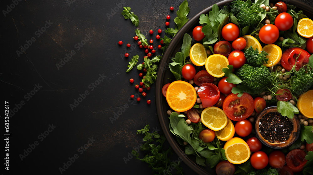 Avocado, tomato and cucumber salad with fresh herbs on dark stone background. Healthy summertime salad. Copy space Avocado, tomato and cucumber salad with fresh herbs on dark stone background. Healthy summertime salad. Copy space