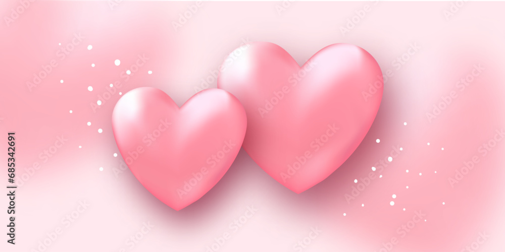 Large banner for valentine's day. Volumetric hearts on pink background. 3d vector background effect