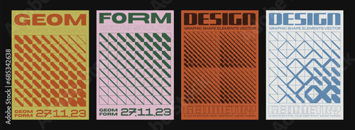Set Of Halftone Geometric Textures Vector Design. Collection of Modern Abstract Futuristic Brutalist Posters.