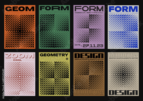 Set Of Halftone Geometric Textures Vector Design. Collection of Modern Abstract Futuristic Brutalist Posters.